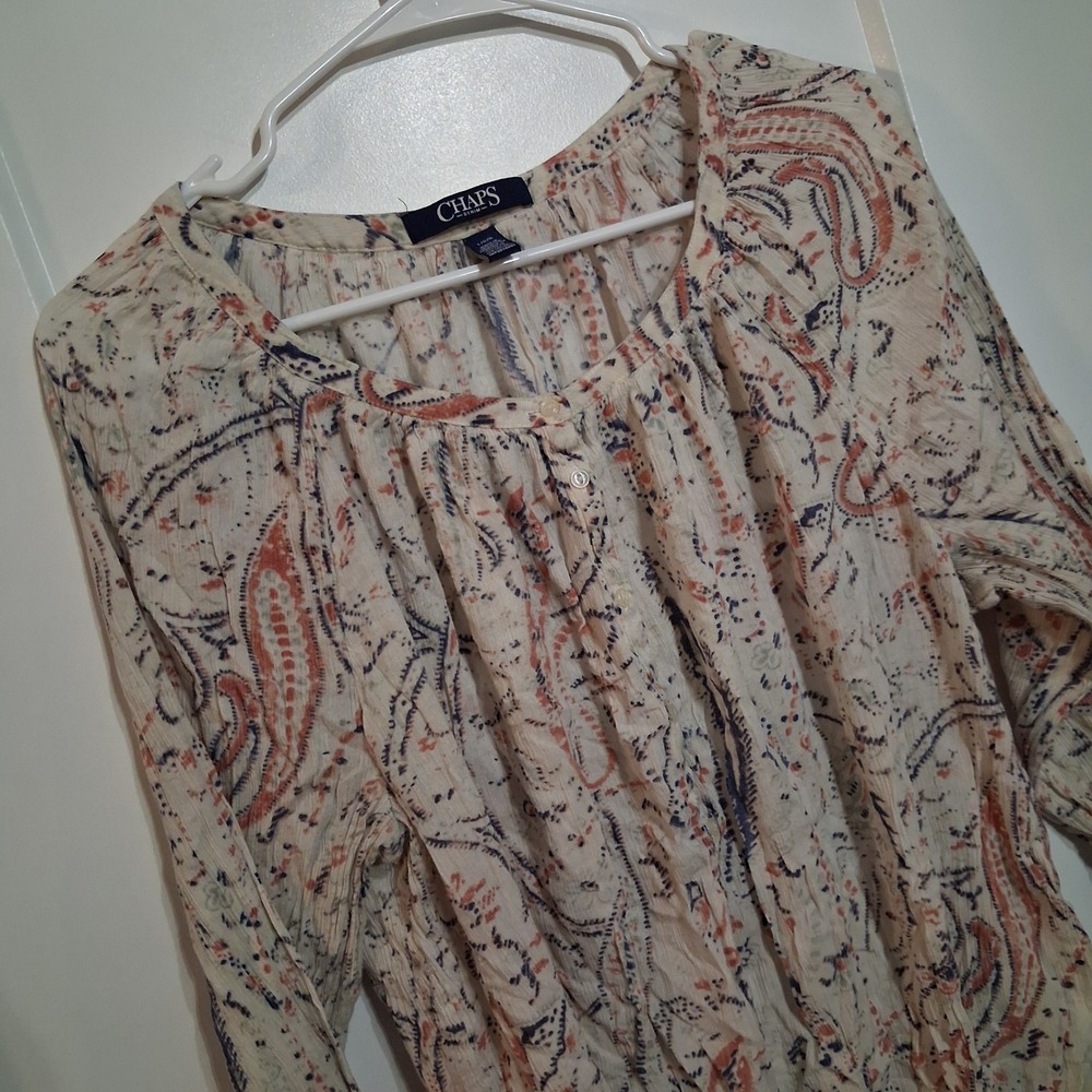 Chaps Denim Blouse Womens L Cream Paisley 3/4 Sleeve Peasant Boho Top Casual